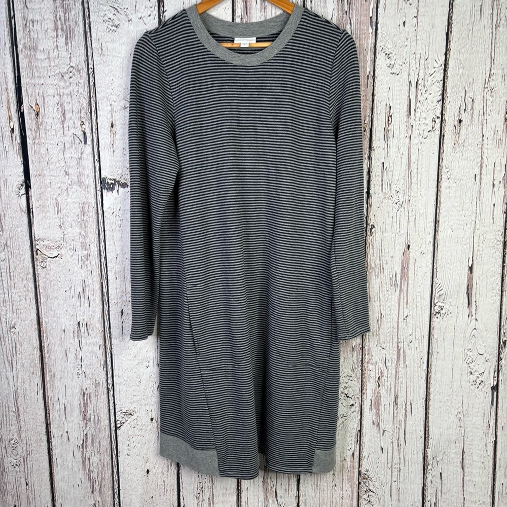 J. Jill Gray & Navy Striped Tunic Dress Medium Long Sleeve Pockets Knee Length